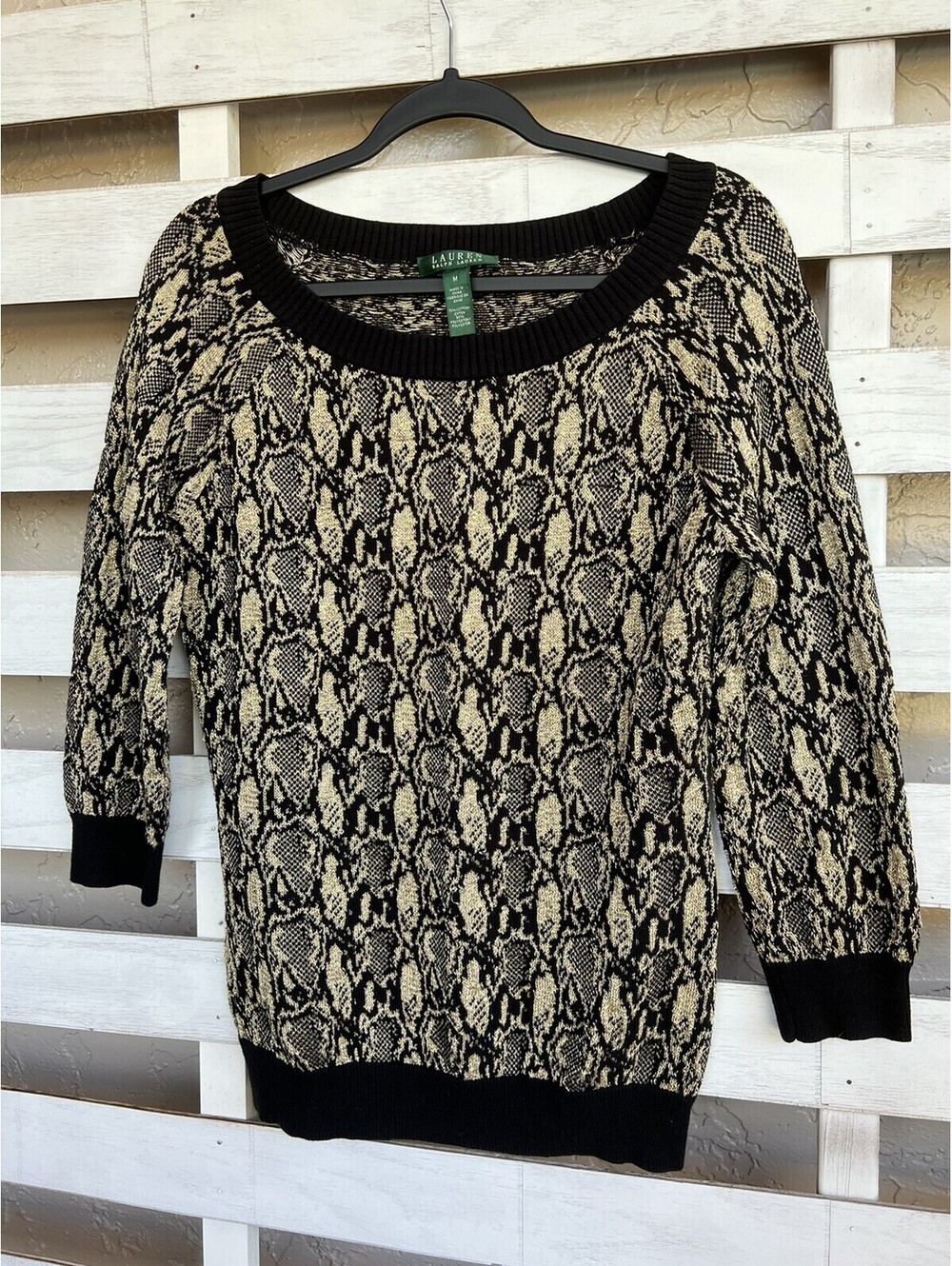 Ralph Lauren Women's M 3/4 Sleeve Boat Neck Shirt  Black Gold Shimmer Holiday.